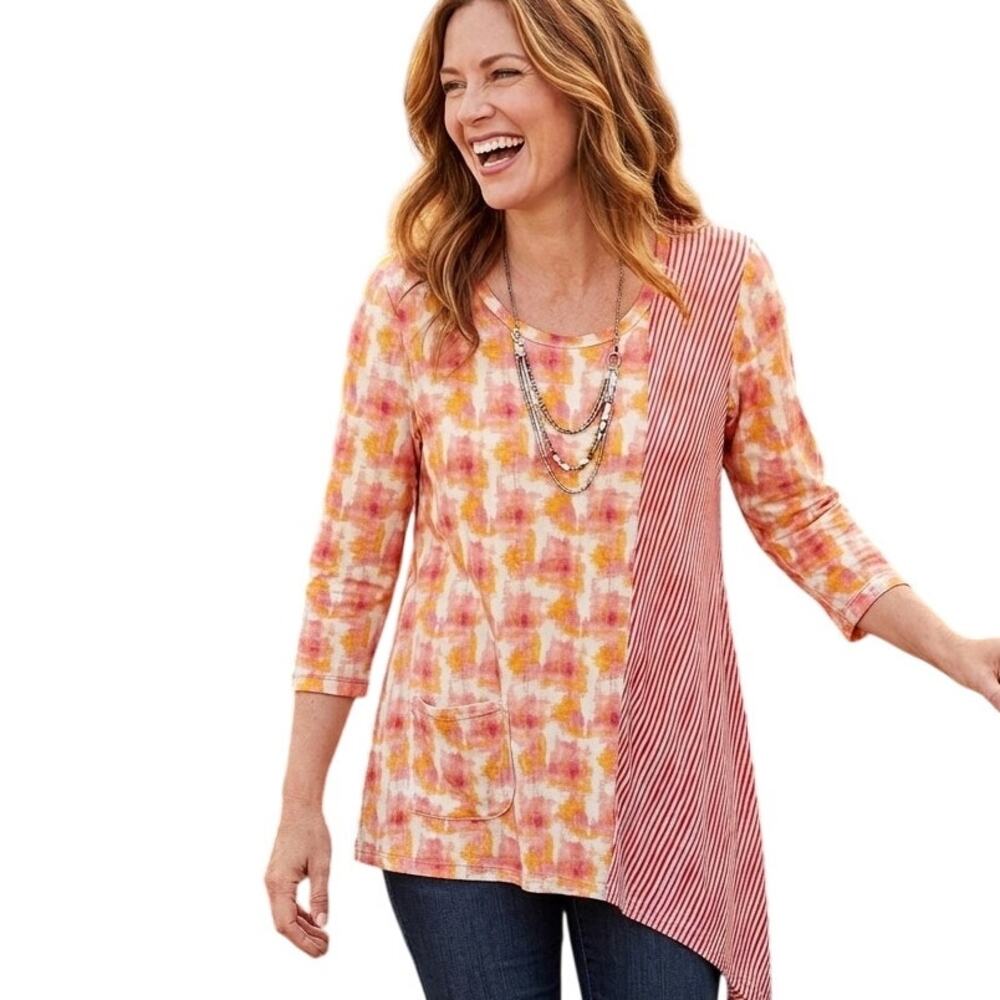 LOGO Mixed Print Asymmetrical Tunic Womens Medium Pink Floral Striped Knit Top